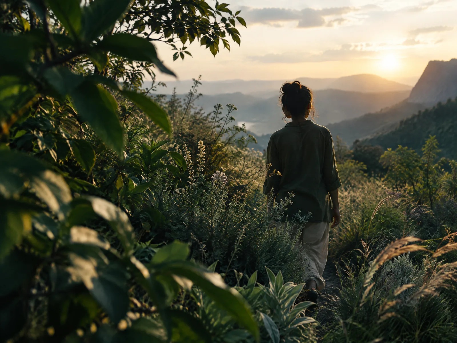 Pessoa em contato contemplativo com uma paisagem de vegetação diversa